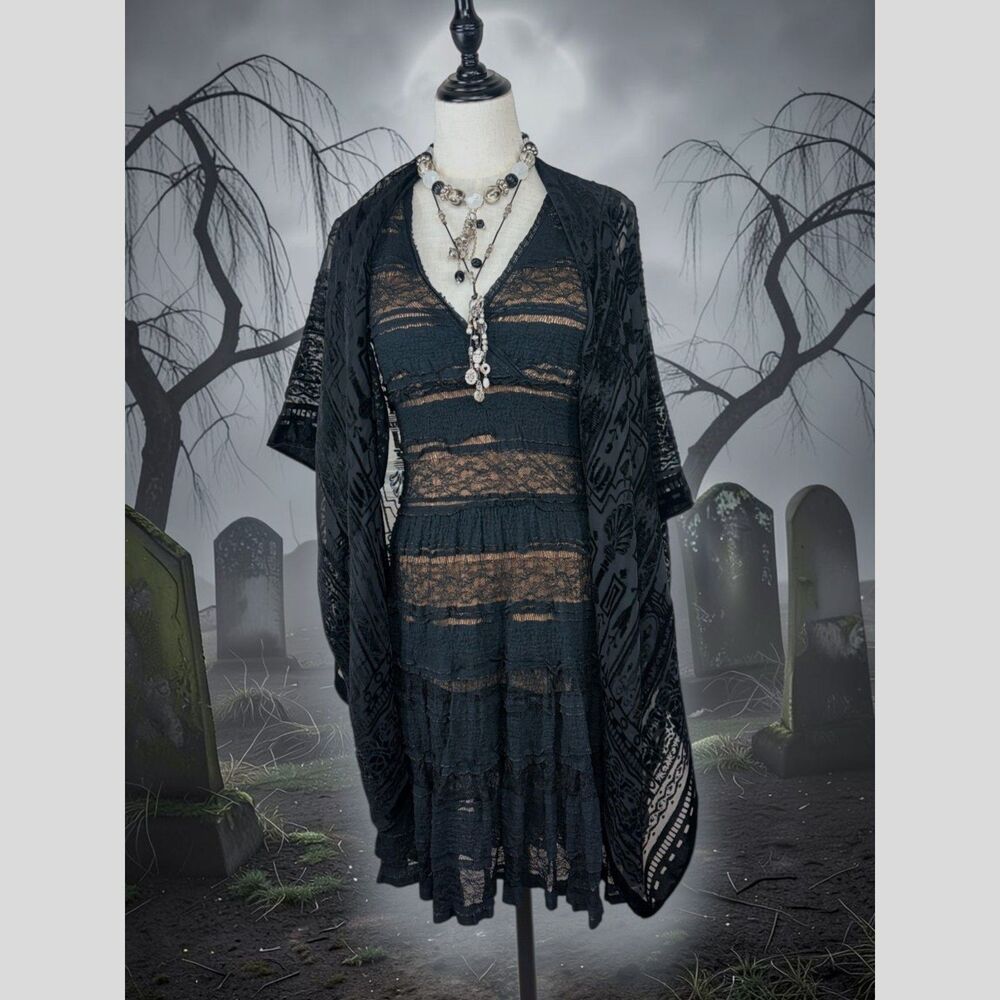 Gothic Witch Costume Set Black Lace Dress & Burnout Wrap Whimsigoth S Studio M